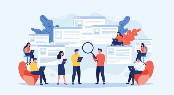 Human resources team conducting digital resume screening and candidate evaluation using a modern online platform and data analytics tools.