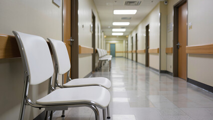 Fototapeta premium Empty Hospital Hallway with Waiting Chairs