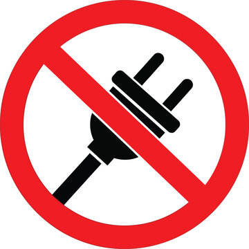 Prohibited Electric Plug Icon, No Power Sign, Red Circle Symbol, Vector Warning Label isolated on White Background