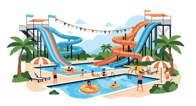 Vibrant water park featuring large colorful slides, swimming pools, and families having fun during their summer vacation.