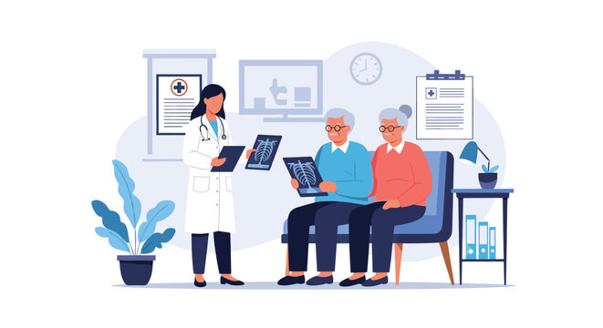 Compassionate doctor showing chest X-ray scans to an elderly couple sitting in a medical consultation room in a clinic.