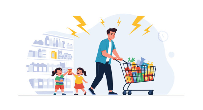 Stressed father pushing a full grocery cart while his two young children cry and argue in a busy supermarket aisle.