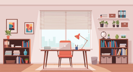 Fototapeta premium Clean and organized empty home office workspace with a laptop on a wooden desk, bookshelves, and a large window with blinds.