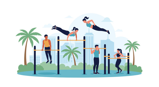 Group of athletic people performing various calisthenics exercises on workout bars in an outdoor city park with palm trees.