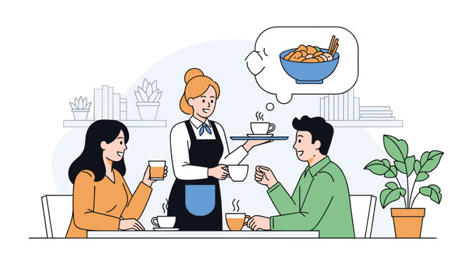 Friendly waitress serving hot coffee to a young couple in a cafe while the man imagines eating a delicious bowl of noodles.