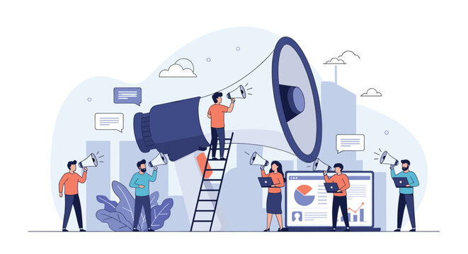 Marketing team members using giant and small megaphones to broadcast messages and promote their business effectively in a digital age.