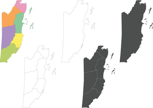 Professional vector maps of Belize featuring colorful district divisions, solid grey silhouettes, and clean outlines for geographic design projects.