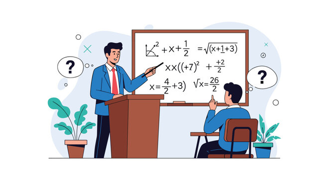 Male teacher or professor explaining complex mathematical equations and formulas on a whiteboard to a student during an educational class session.