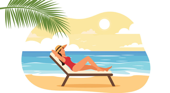 Woman wearing a red swimsuit and straw hat relaxing on a sun lounger at a tropical beach with ocean waves and palm tree leaves.