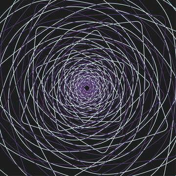 Intricate abstract fractal vortex made of swirling purple and white lines forming hypnotic geometric depth on dark background.