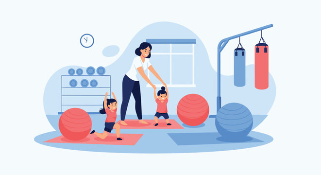 Active mother and her young daughters participate in a fitness session at a gym with exercise balls and boxing equipment to promote a healthy life.