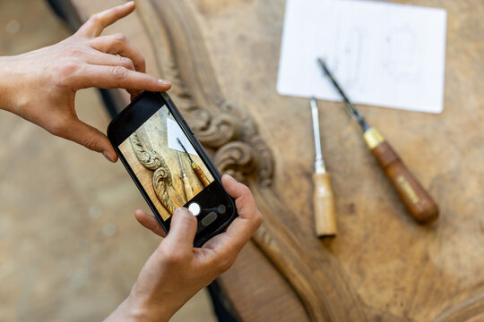 Photographing Wooden Furniture Detail with Smartphone
