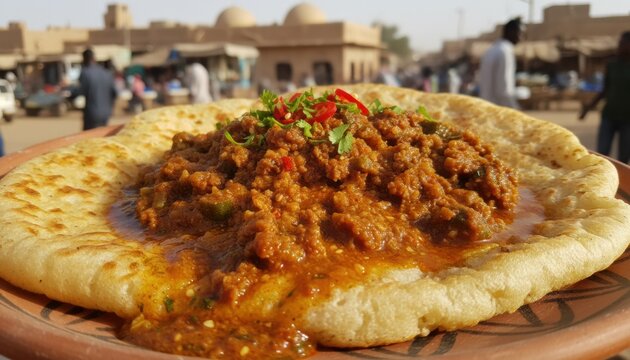 Spicy Minced Meat Stew Topped with Chili and Cilantro Served on Large Fried Flatbread at Busy North African Street Market