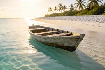 Obraz premium Wooden boat on clear shallow tropical water near sandy beach