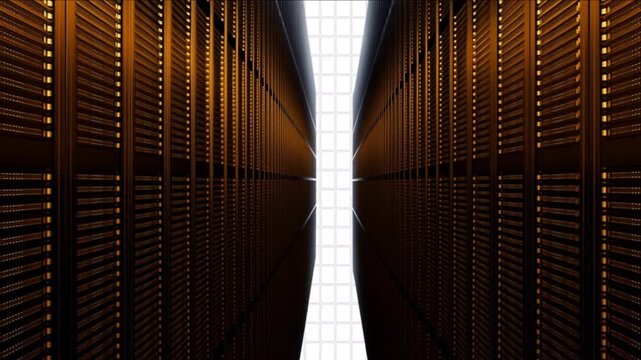 クラウドストレージインフラのために琥珀色に点灯する黒いサーバーラック