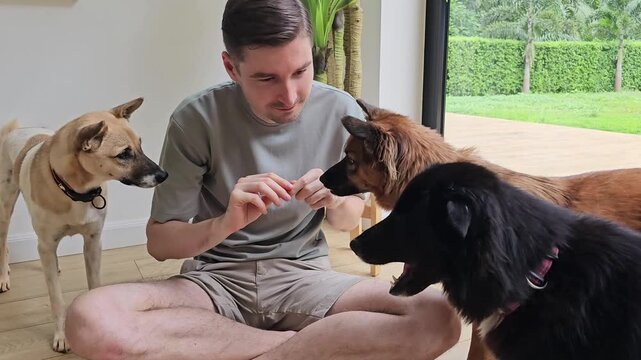 Man sitting on floor feeding dogs by hand at home, pet owner training multiple dogs with treats, indoor interaction and obedience behavior, domestic animals gathered around during feeding session