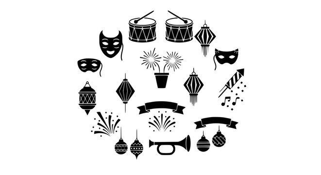 Cultural festival silhouette icon collection with masks drums fireworks and festive celebration symbols vector