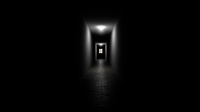 Mysterious Dark Corridor with Glowing Light at the End and Wooden Door, Evoking a Sense of Intrigue and Curiosity