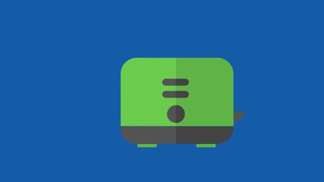 Green toaster icon animation with popping bread slice on a solid blue background