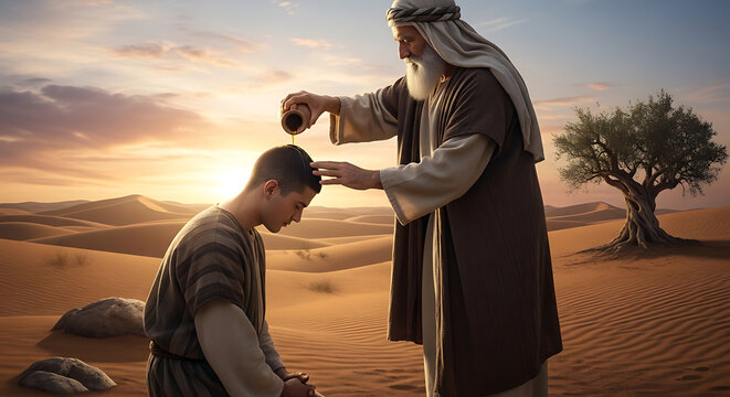 Biblical Prophet Anointing Young Chosen Leader with Sacred Oil in Vast Arid Desert Sands Ancient Testament Religious Ceremony Spiritual Blessing Ritual Traditional Hebrew History Cultural Heritage
