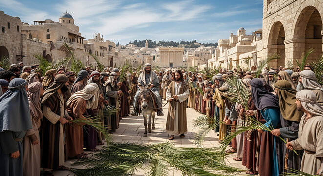 Majestic portrayal of Jesus Christ riding a humble donkey during the triumphal entry into Jerusalem on Palm Sunday, ancient biblical scene depicting historical religious scripture event.