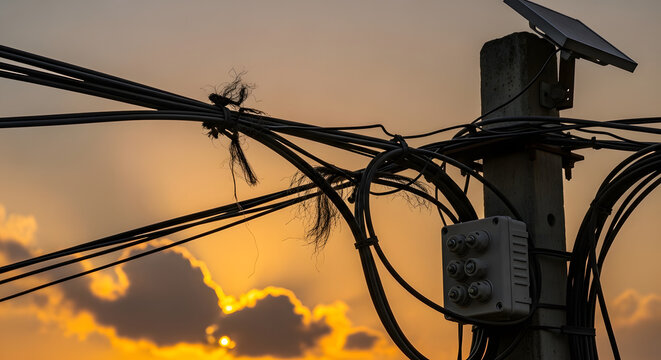 High-quality macro street photography focusing on the chaotic tangle of black fiber optic and electrical wires on a weathered metal utility pole in South Asia