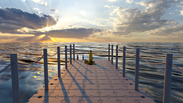 scuba tank and fins placed on a floating pontoon at dusk