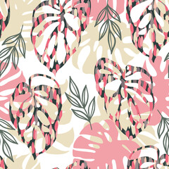 Seamless tropical pink pattern with leaves. Vector illustration hand drawning. For fabric print design texture. © Любовь Овсянникова