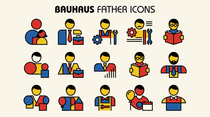 Fototapeta premium Bauhaus-style graphic icons representing father figures in various roles and activities, rendered in a minimalist, geometric aesthetic