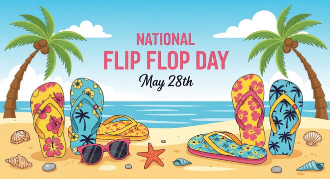 Colorful flip flops and beach accessories arranged on sandy beach under palm trees with ocean background celebrating national flip flop day may 28th
