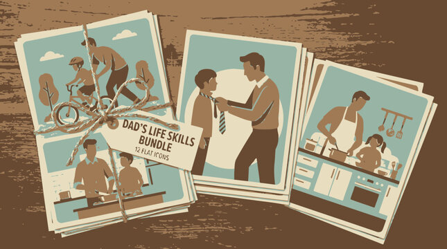 Collection of illustrations depicting fathers teaching their children essential life skills, showcasing bonding moments and practical guidance