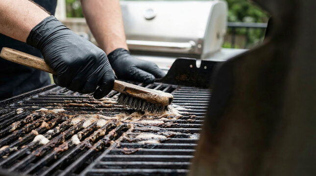 Close-up of a person in black protective gloves diligently cleaning a dirty barbecue grill with a wire brush, removing burnt food and grease after cooking.