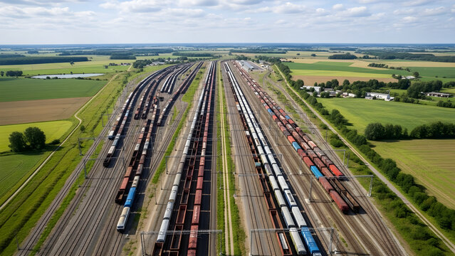 Trains are parked on parallel tracks in a rural landscape with fields