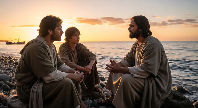 Biblical Messiah Jesus Christ preaching to humble fisherman on a rugged stony shoreline, spiritual scene depicting the calling of first disciple by the sea of Galilee during serene sunset prayer.