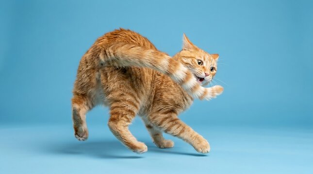 Orange tabby cat mid jump with curved body and extended tail against solid light blue background showing playful energy