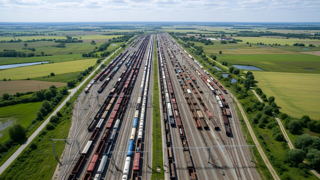 Aerial view of multiple train tracks with many trains in a rural landscape