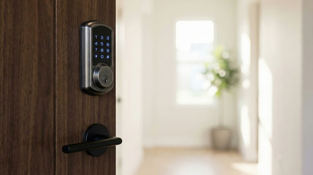 A modern smart digital lock and black handle on a wooden door, providing keyless entry and home security in a bright, blurred home interior.