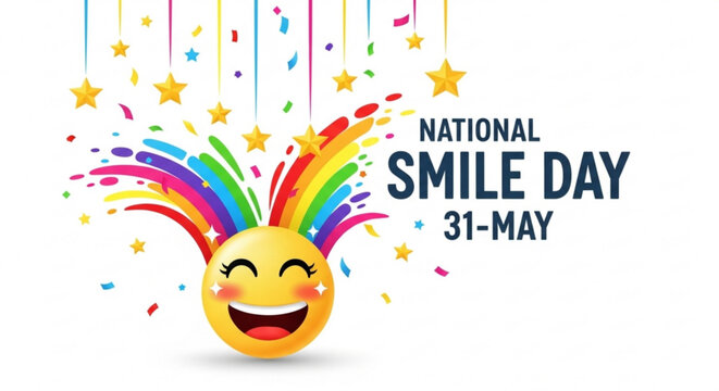 Colorful illustration of a smiling face with rainbow hair and confetti stars celebrating national smile day on may 31st with vibrant text and playful design elements