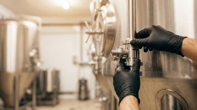 Close-up of hands in black gloves operating stainless steel brewing equipment at a modern craft brewery, emphasizing precision and quality control.