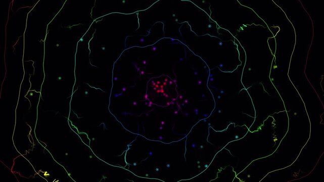 flawlessly looping state of chaotic fluid dynamics forming neon RGB harmonic compression waves. Ideal for VJ loops, scientific documentaries, UI backgrounds, and medical presentations.
