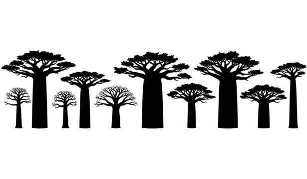 African baobab tree silhouettes vector set with iconic savanna trees isolated on white