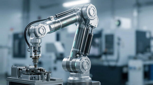 Advanced robotic arm performing precise tasks on a workpiece in a modern, automated factory setting, showcasing industrial automation and technology.