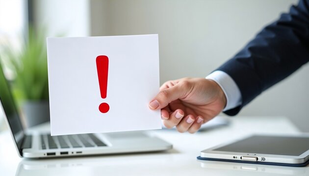 Businessman holding sign with red exclamation mark icon. Concept of business alert, important notification, warning or urgent task in office. Professional communication and attention symbol.