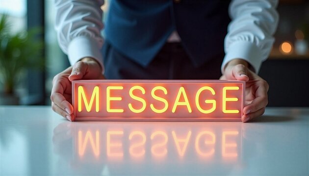 Woman holding illuminated neon sign with word message on table. Corporate communication and digital connection symbol. Light box with glowing text for business marketing presentation.