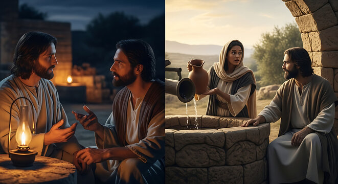 Holy depiction of Jesus Christ sharing divine wisdom with Nicodemus and the Samaritan woman holding a clay pitcher within a classical Biblical narrative illustration of faith and spirituality.