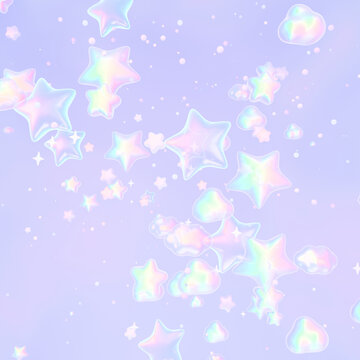 3D rendered iridescent stars and clouds background.