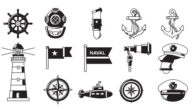Collection of Nautical and Maritime Symbols Including Lighthouse and Ship Wheel.