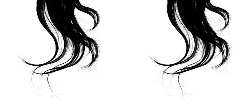 Dark hair locks falling gracefully on transparent and white backgrounds.