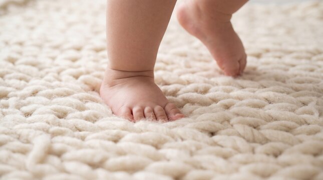Baby's first steps on a soft carpet, symbolizing growth, safety, and development. Early childhood milestones and exploration.