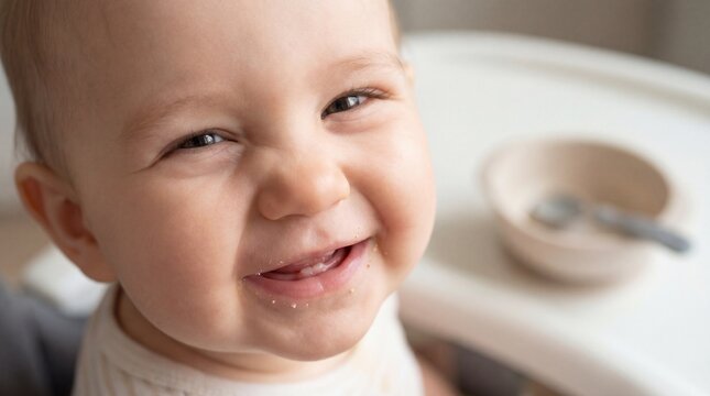 Smiling baby with food remnants, symbolizing early nutritional habits and growth milestones essential for development.